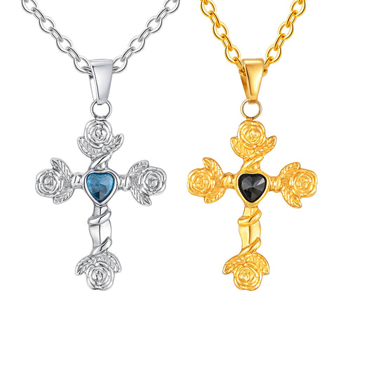 Planderful Medieval Rose Cross Zircon Pendant Necklace Men