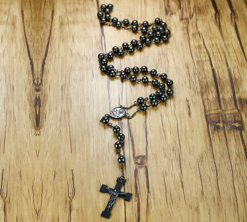 Cross-Border Wholesale Stainless Steel Cross Rosary Necklace