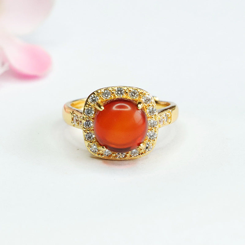 Round Blood Amber Ring with Zircon Halo Jewelry