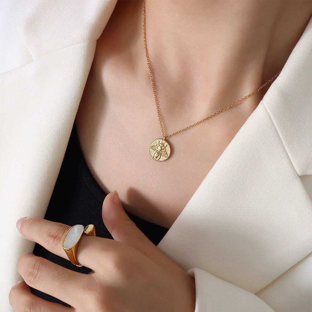 Elegant Titanium Steel Plated Gold Bee Coin Pendant Necklace - Women's Jewelry