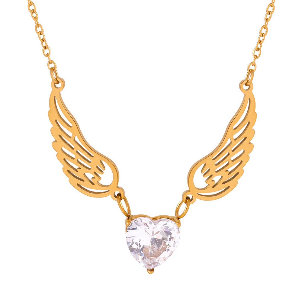 Golden Angel Wing Zircon Necklace - Fashionable Jewelry with Titanium Plating