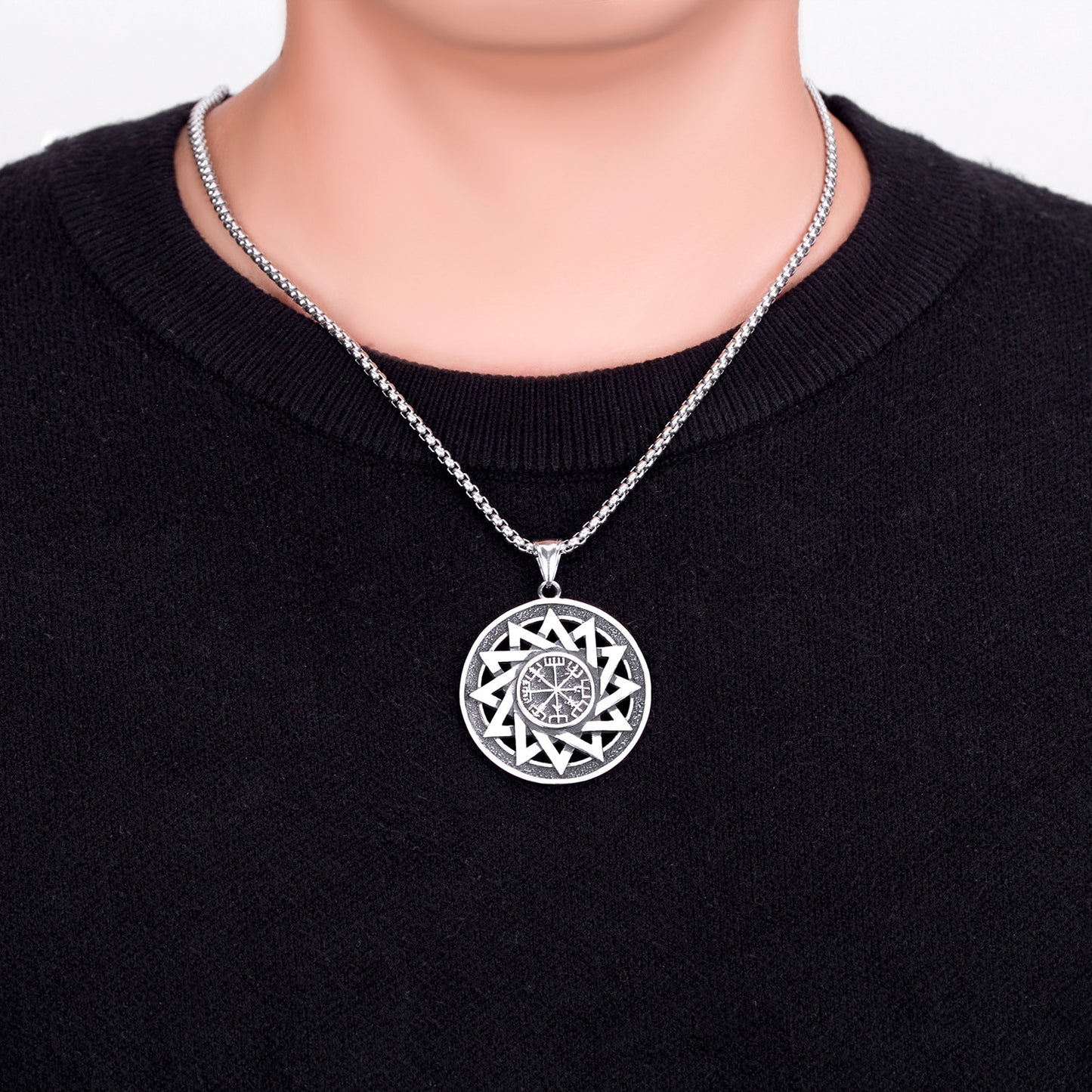 Titanium Steel Necklace - Vintage Nordic Viking Compass Rune Pendant For Men Casual Everyday Wear