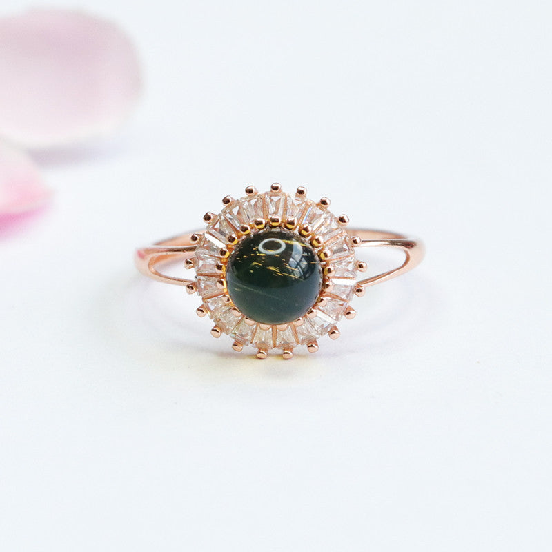 Blue Amber and Zircon Sterling Silver Ring with Adjustable Opening