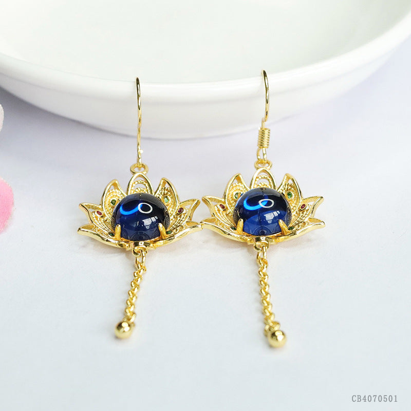 Lab-Grown Blue Spinel Sunflower Tassel Earrings