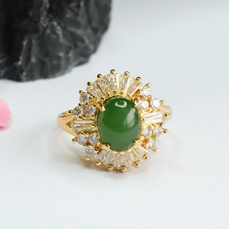 Green Jade Sterling Silver Ring with Zircon Halo