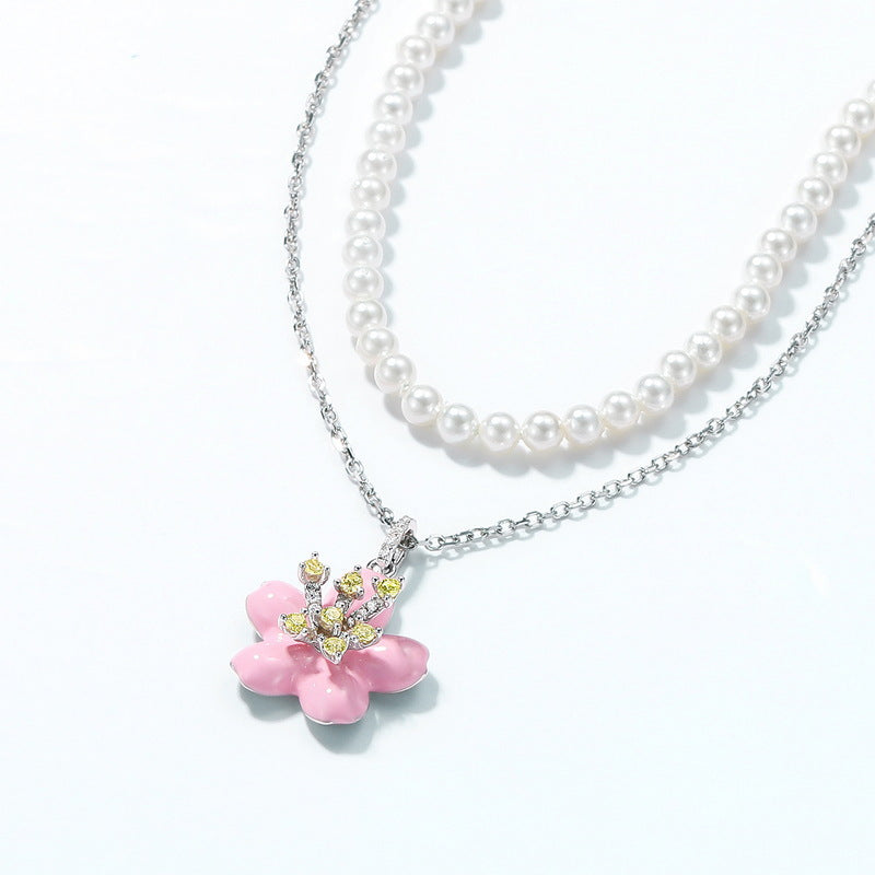 Pink Enamel Cherry Blossom Pearl Chain Double Layers Sterling Silver Necklace