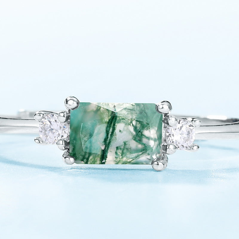 S925 Sterling Silver Moss Agate Geometric Ring