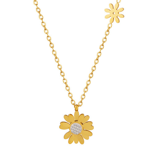 Golden Daisy Zircon Pendant Necklace - Women's Titanium Steel Clavicle Chain