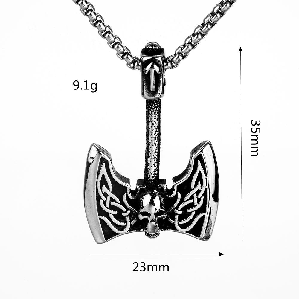 Planderful Viking Rune Skull Pendant For Men Stainless Steel Necklace With Angel Wings Axe Motif