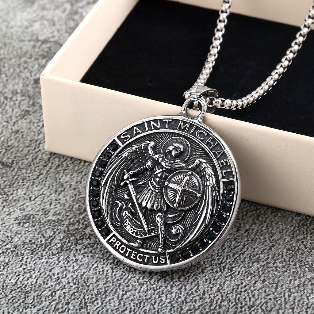 Vintage St. Michael Angel Stainless Steel Men's Pendant Necklace