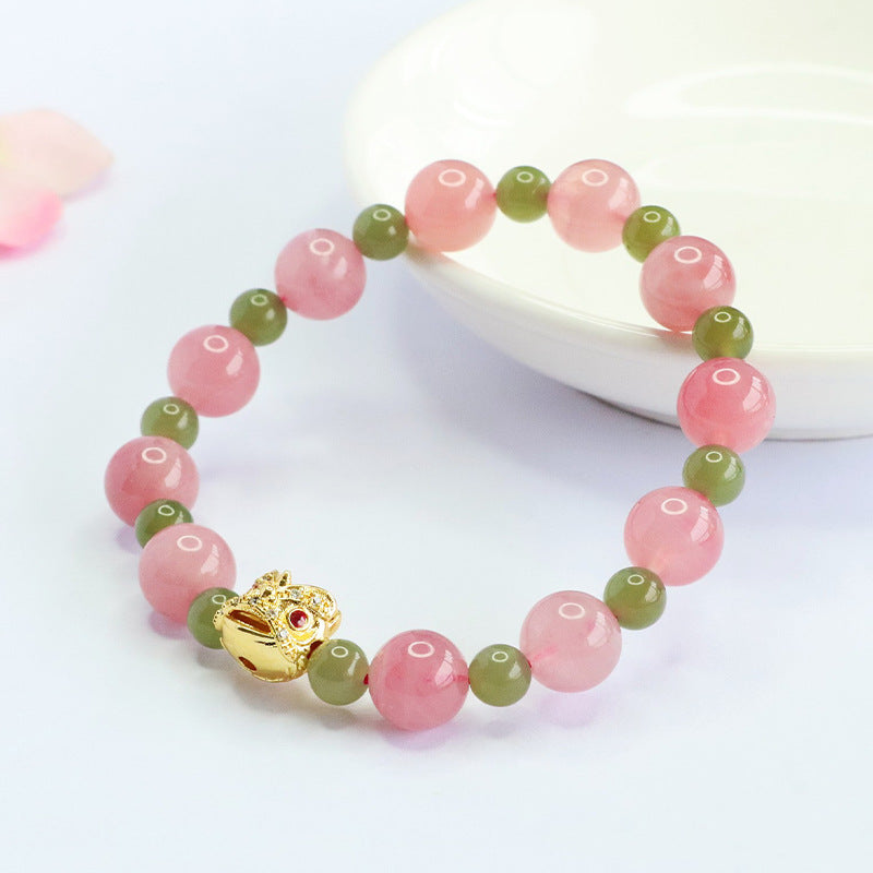 Hetian Jade Rose Quartz Crystal Lion Dance Horse Bracelet