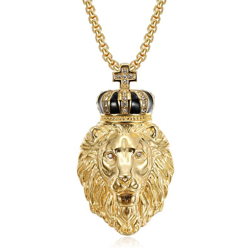 Steel Necklace – Statement Rhinestone Crown Lion Pendant