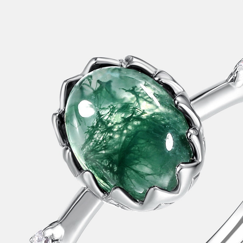 S925 Sterling Silver Moss Agate Geometric Ring