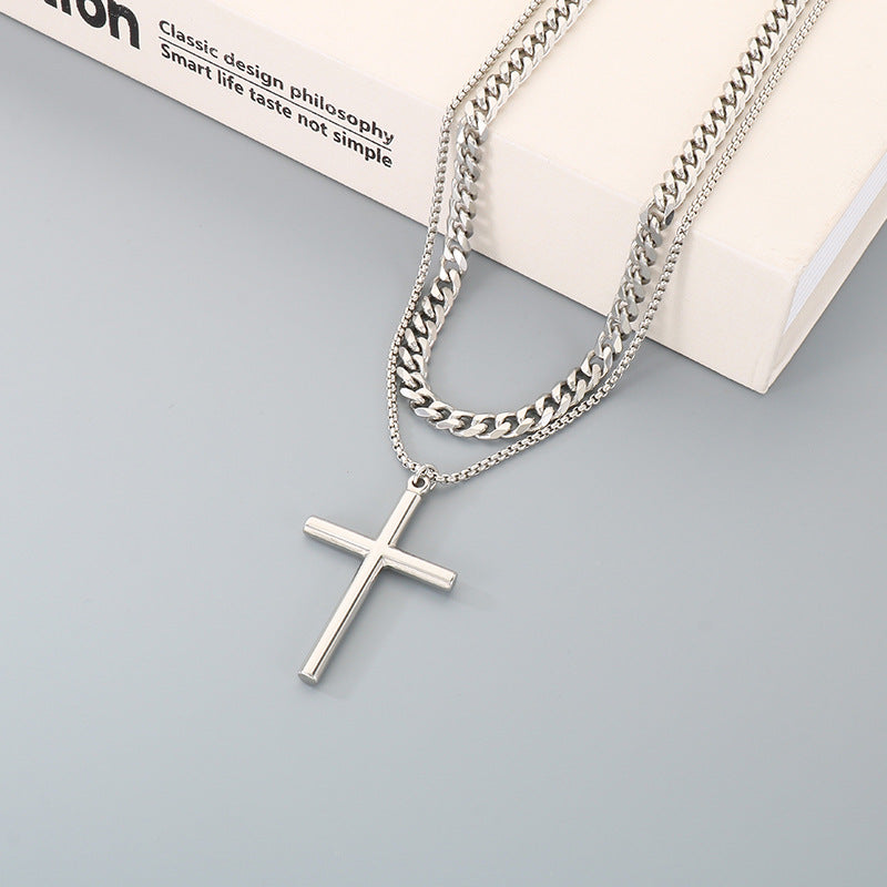 Glossy Cross Pendant Necklace, Six-Sided Grinding Square Pearl Chain Double-Layer Stacked Men's Necklace.