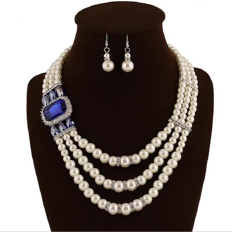 Exaggerated African Pearl Crystal Necklace Set with Multi-layer Chain - Savanna Rhythms Collection