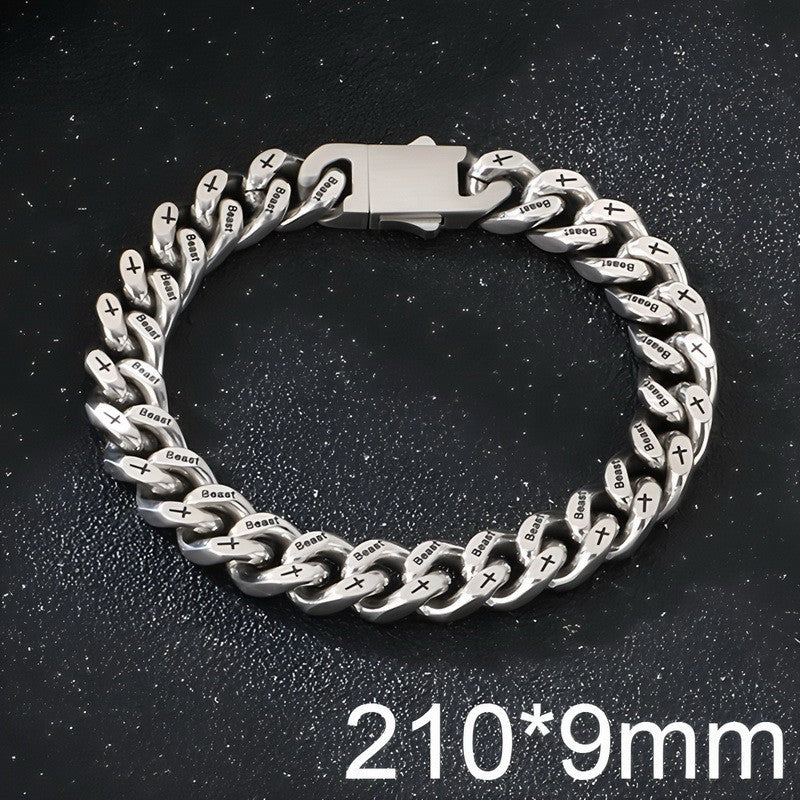 Niche Hip Hop Cross Beast Bracelet – Stainless Steel Engraved La Sand Cuban Chain Men's