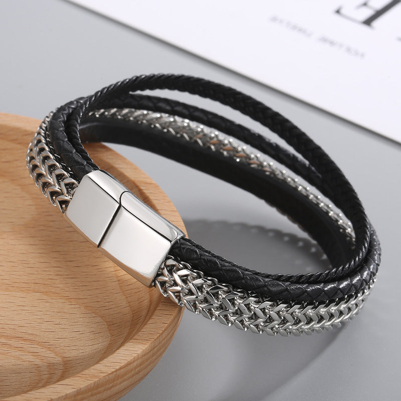 Planderful Men Titanium Steel Chain Cowhide Bracelet Genie
