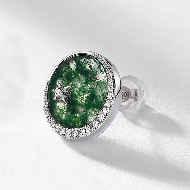 S925 Sterling Silver Moss Agate Minimalist Stud Earrings