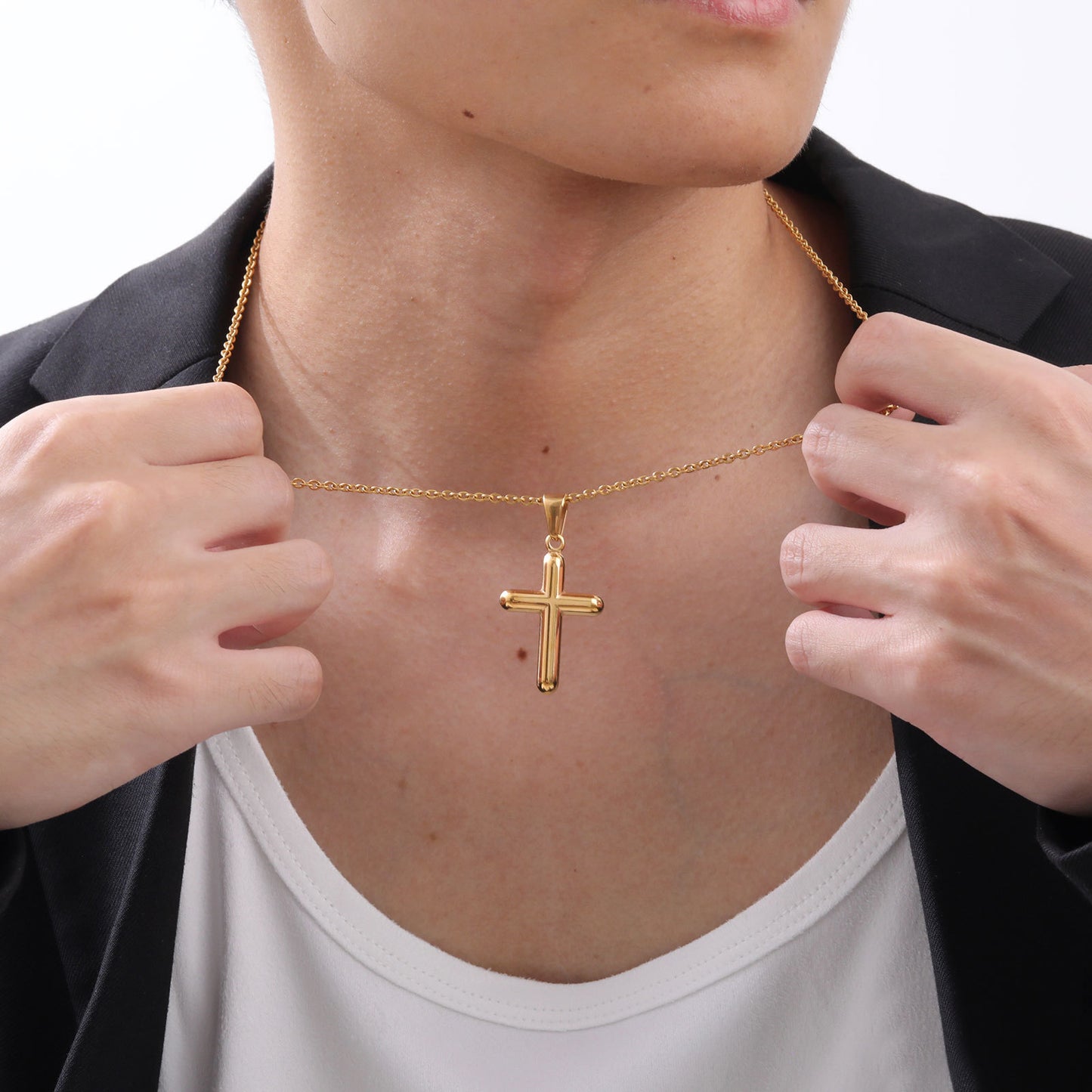 European And American Hip Hop Stainless Steel Cross Pendant Gold Necklace Men's Jewelry