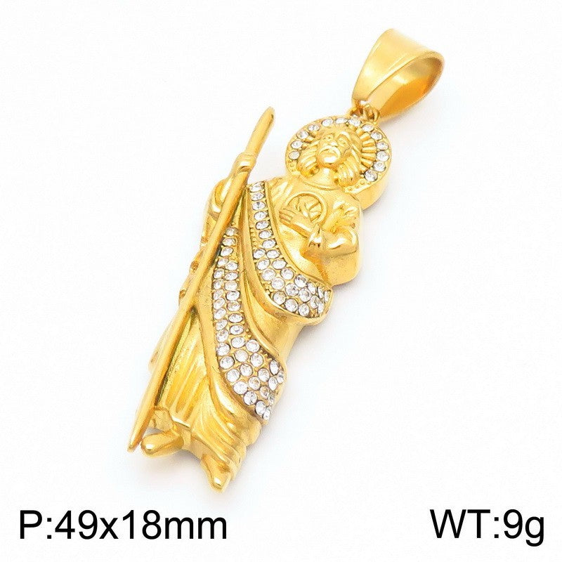 Stylish Zircon Necklace, Vintage Vacuum Plated St. Jude God Titanium Steel Pendant For