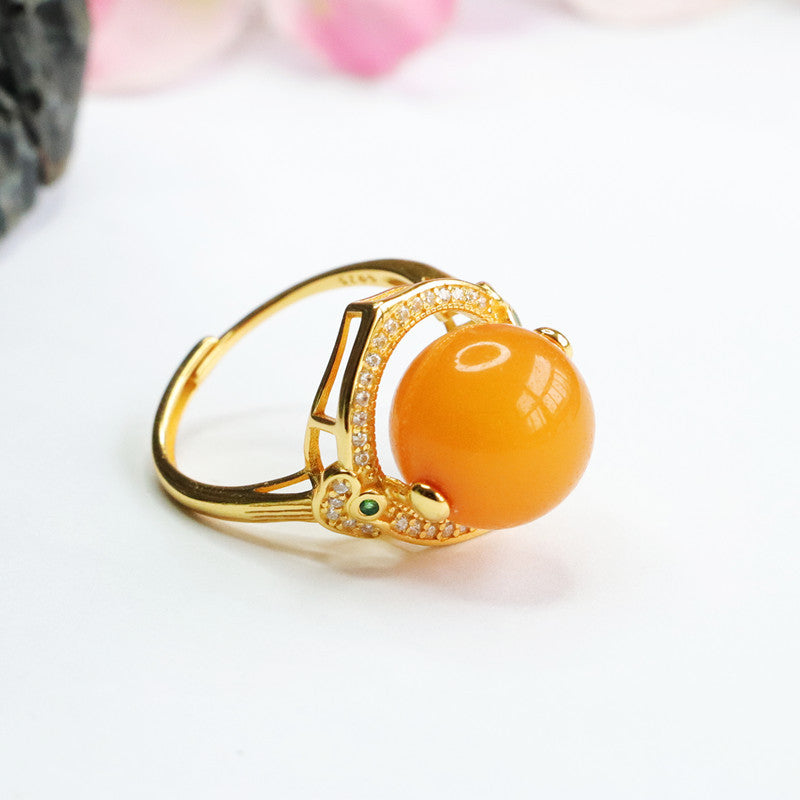 Elegant Sterling Silver Ring with Beeswax Amber Bead and Zircon