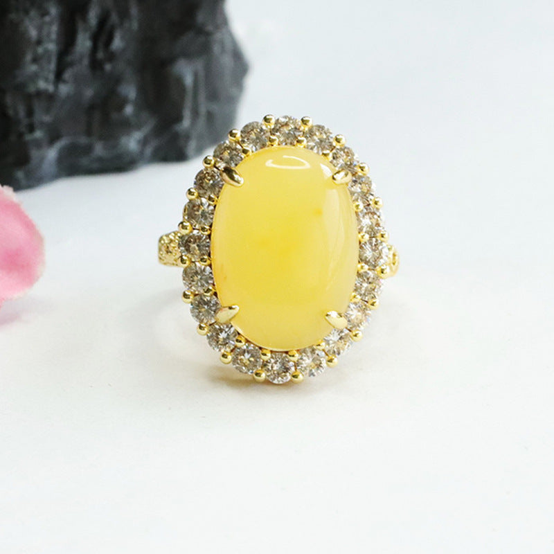 Honey Amber Halo Ring with Sterling Silver Butterfly Detail