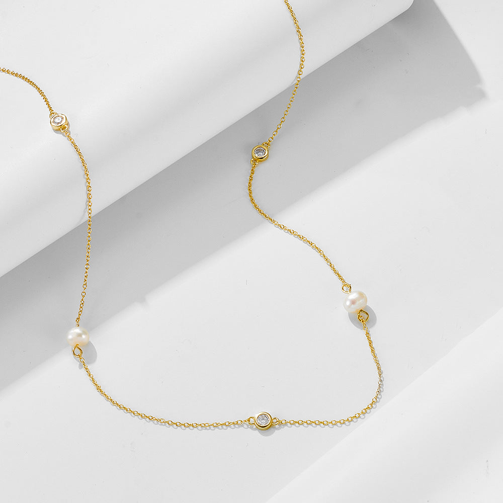 Sterling Silver Natural Freshwater Pearl Necklace Zircon