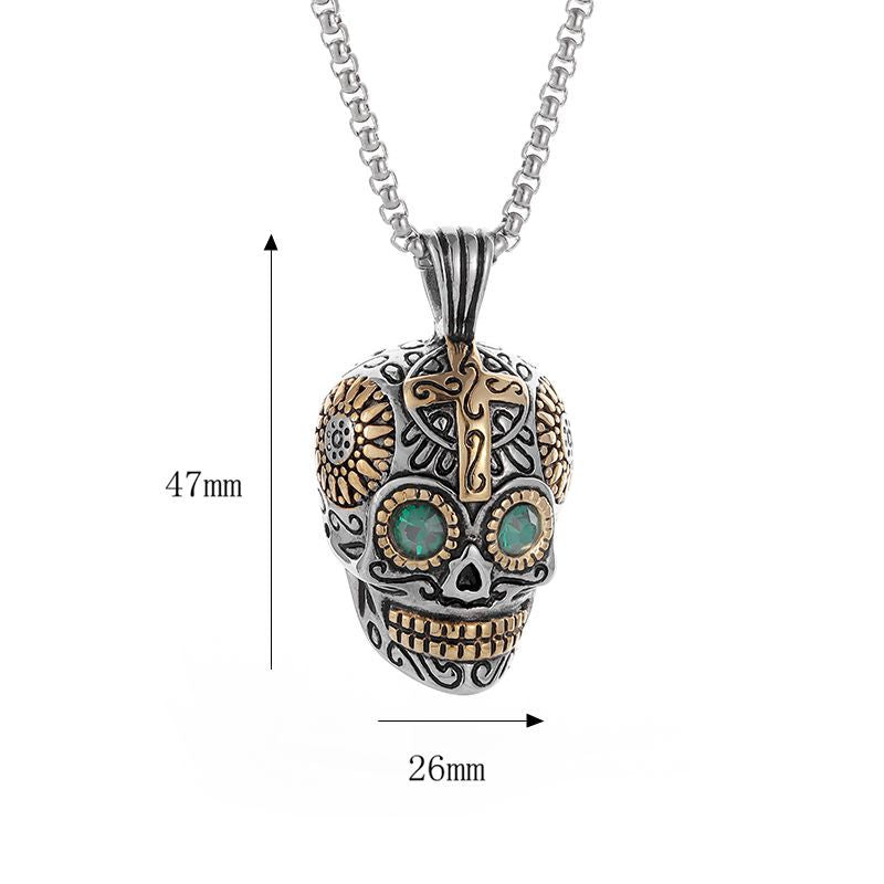 Planderful Skull Pendant Necklace Stainless Steel Gold Plated Blue Green Eyes Punk Jewelry For Boho Rockers