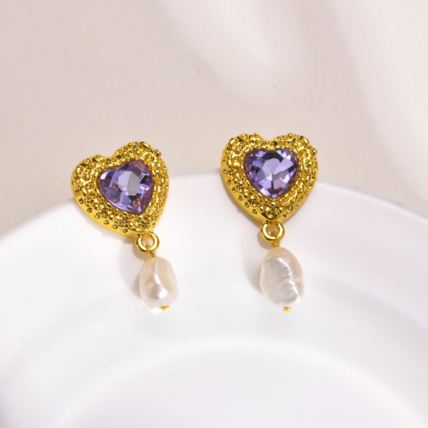 Earrings Heart-Shaped Green Zircon Love Purple Zircon Style