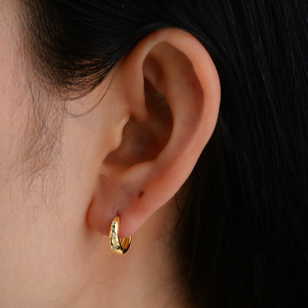 S925 Sterling Silver Metal Wide-Sided Earrings, Ear Buckles, Zircon