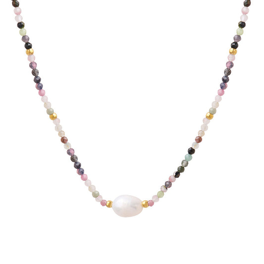 Ethnic Charm Necklace with Colorful Stone Beads and Pearl Pendant