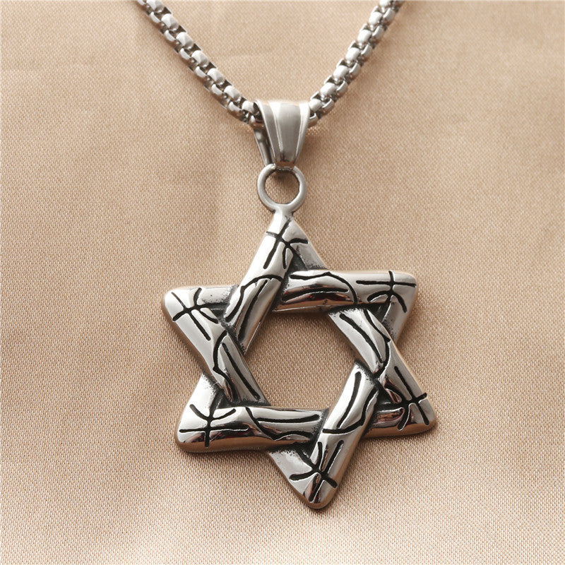 Titanium Steel Hexagram Pendant Necklace for Men, Retro Punk Style Hollow Star Design