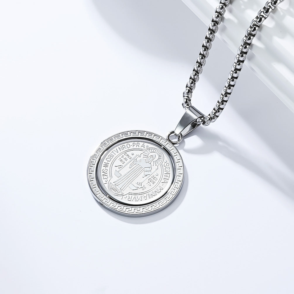 Planderful Exorcist Saint Benedict Necklace Titanium Rotating DoubleSided Pendant For Men