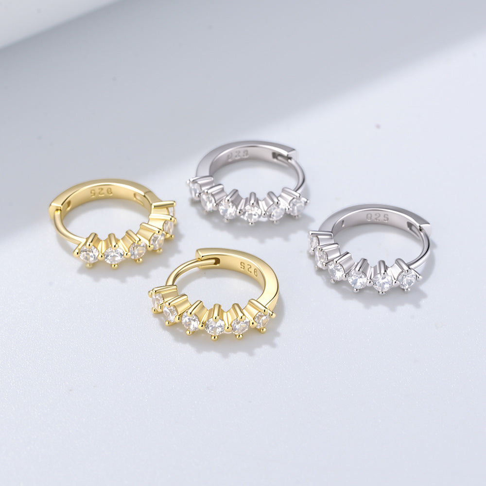 Europe, America Foreign Trade Circle C-Shaped Inlaid Zircon Personalized S925 Sterling Silver Earrings