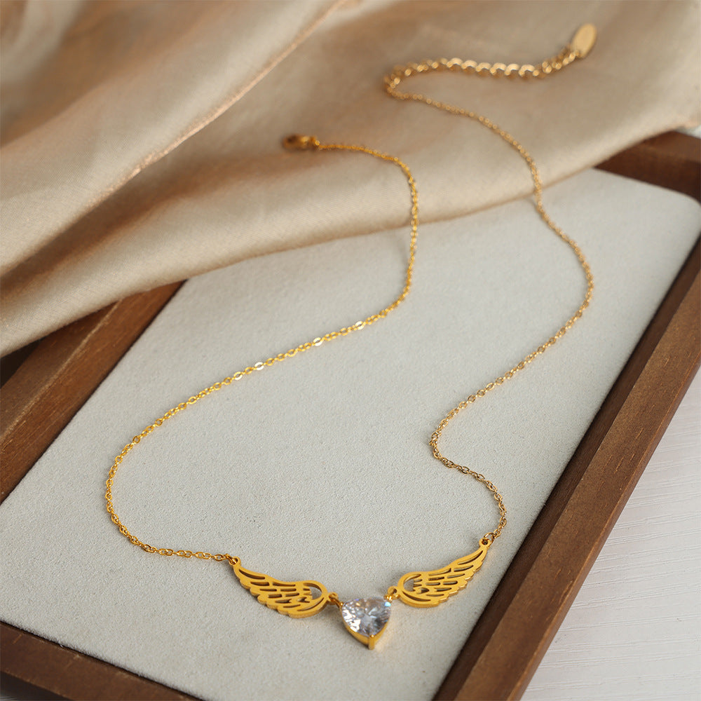 Golden Angel Wing Zircon Necklace - Fashionable Jewelry with Titanium Plating