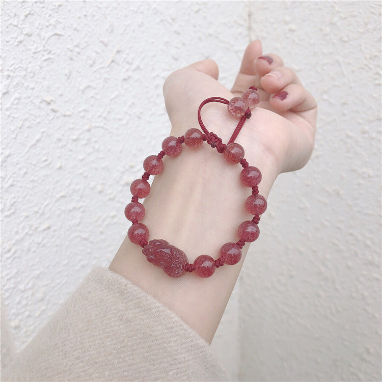 Crystal Pixiu Bracelet with Strawberry Crystal and Sterling Silver Charm