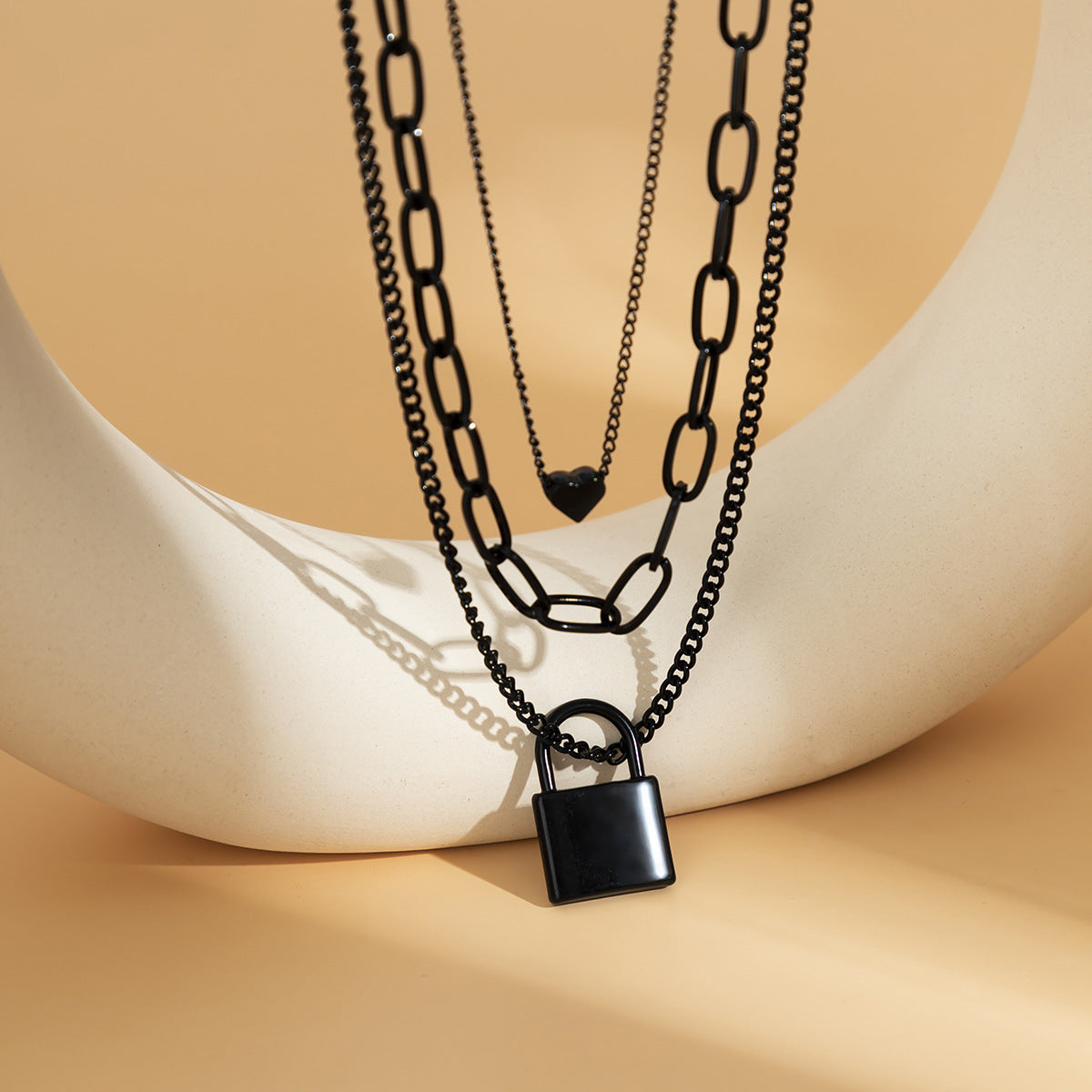 Punk Cross Heart Lock Layered Necklace