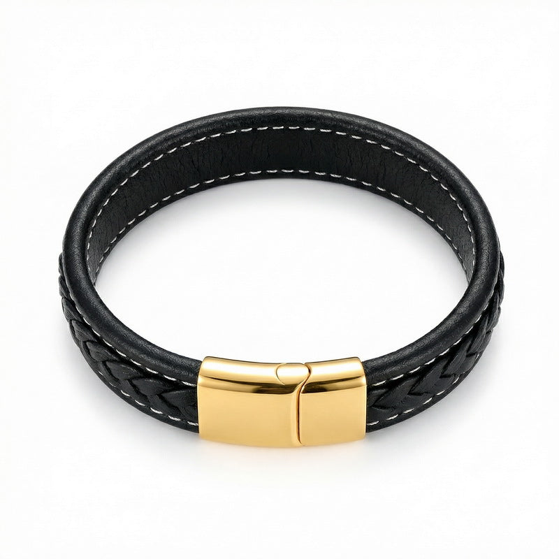 Woven Leather Rope Titanium Steel Buckle Bracelet – Male Punk Flat Leather Rope