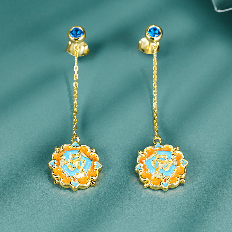 Long Tassel Three Rabbit Creative Pendant Blue Zircon Sterling Silver Drop Earrings