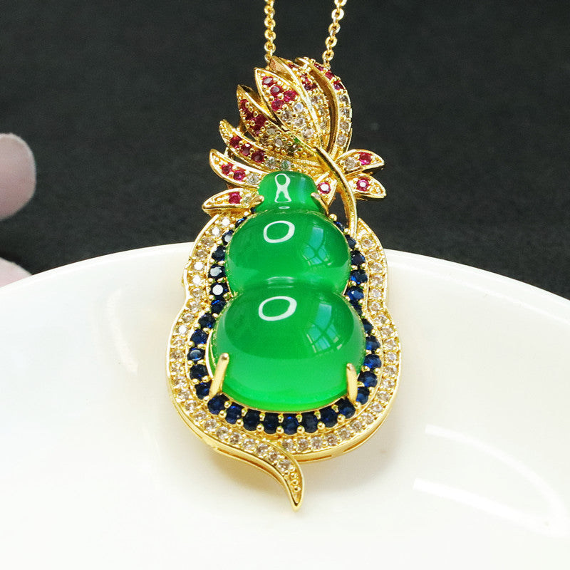 Chalcedony Gourd Pendant Necklace with Zircon Flower Detail