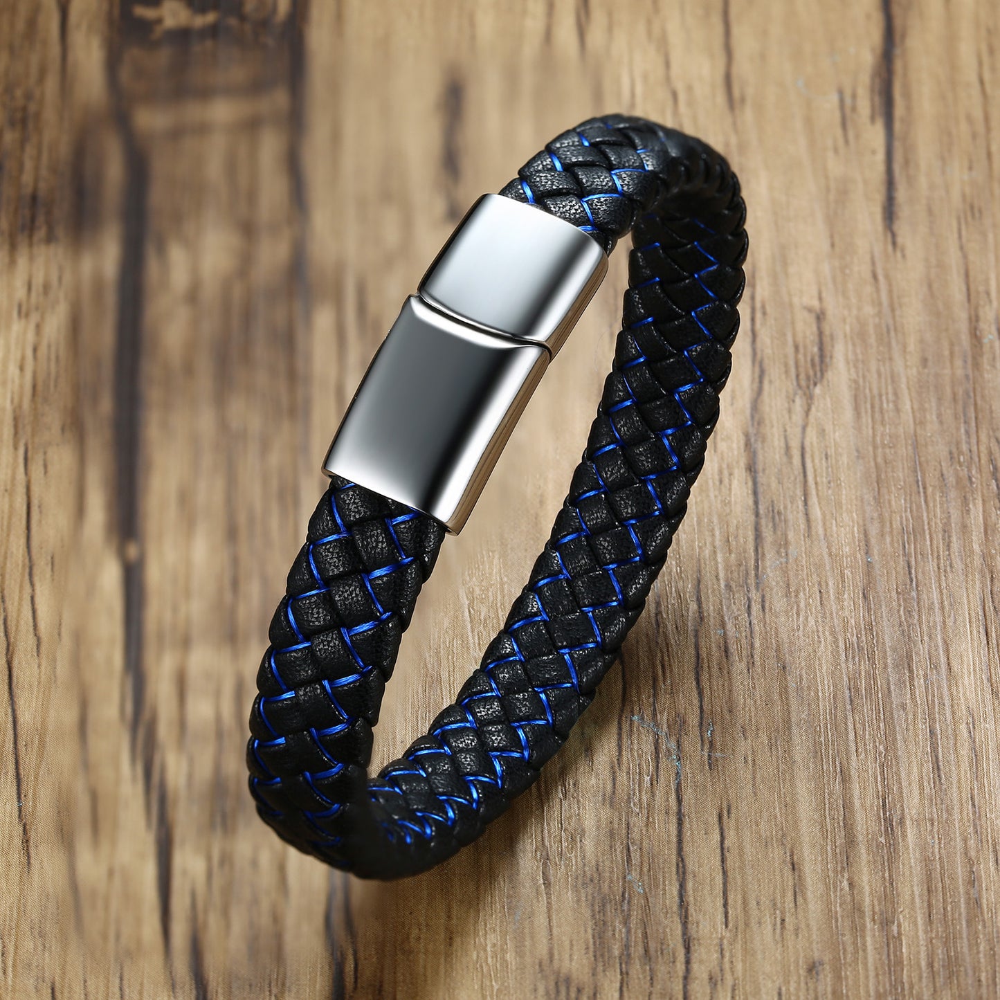 Stainless Steel Leather Bracelet Men's Microfiber Leather Bracelet Blue and Black