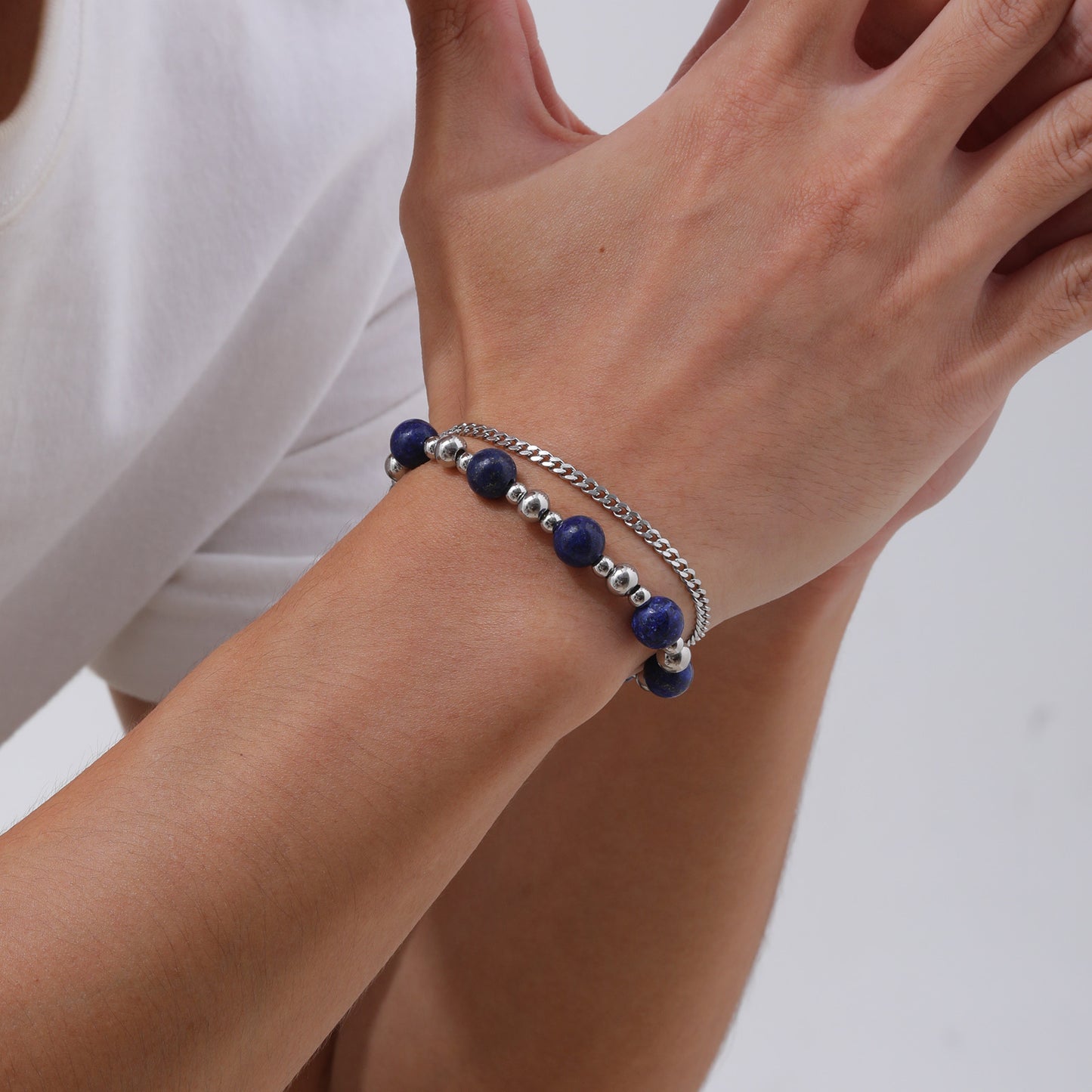 Stainless Steel Grinding Agate Lazuli Beaded Bracelet for Men