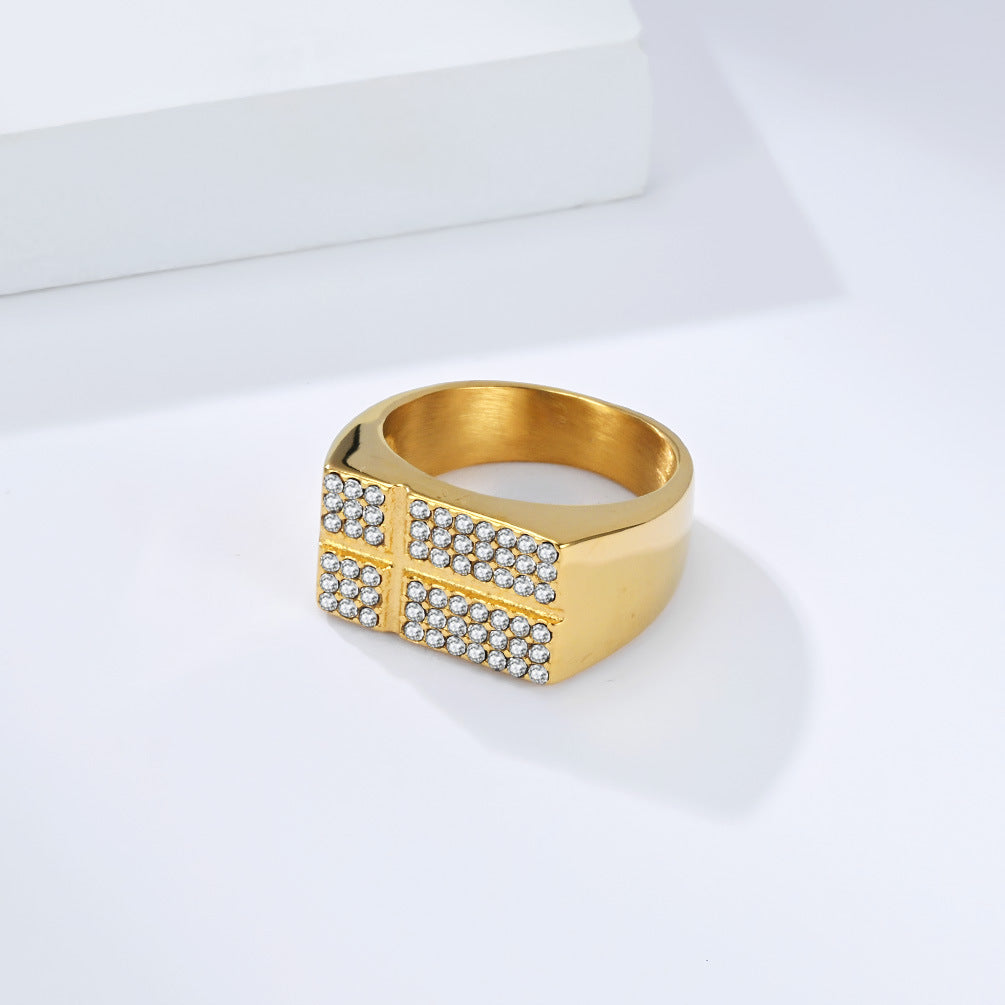 Planderful Zircon Cross Ring For Men Titanium Steel Gold Plated Light Luxury Street Style