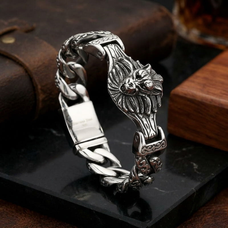 Antique Skull Wolf Head Flower Men's Titanium Steel Bracelet