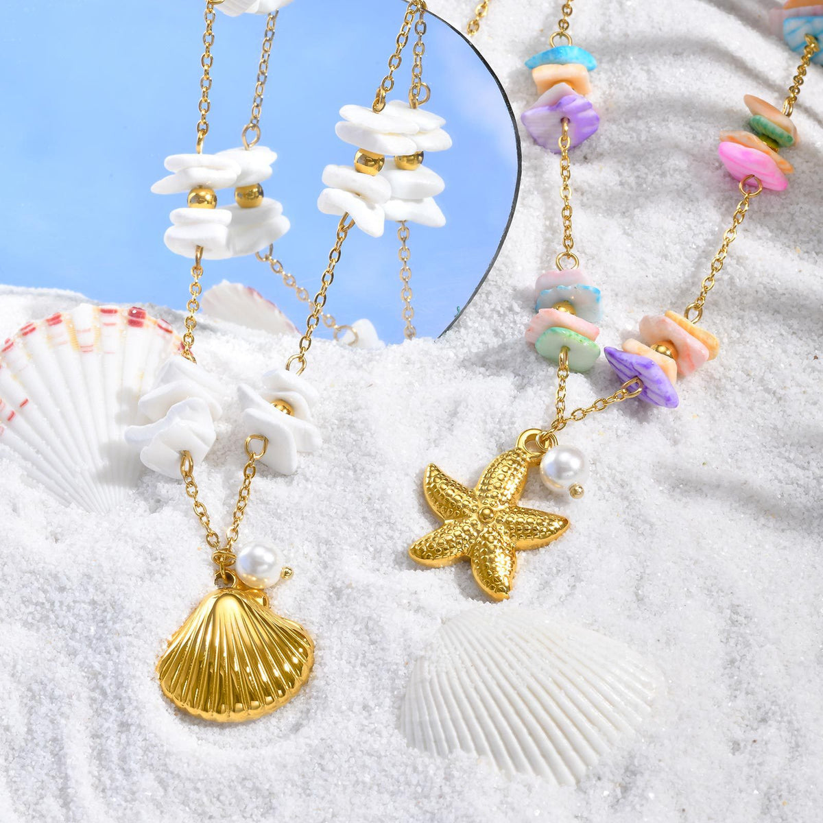 Seaside Summer Small Fresh Ocean Wind Stainless Steel White Shell Square Piece Metal Necklace