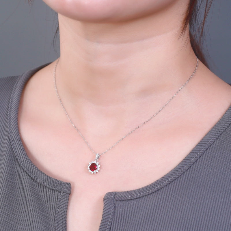 S925 Sterling Silver Lab-Grown Ruby Round Pendant Necklace