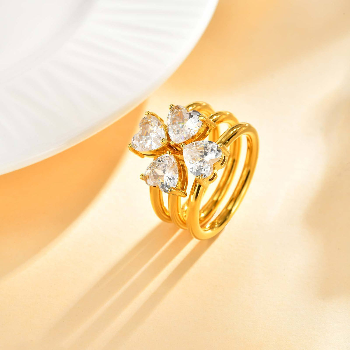 Stainless Steel Design Ring Heart-Shaped Zircon Four-Leaf Flower Opening Three-Piece Ring