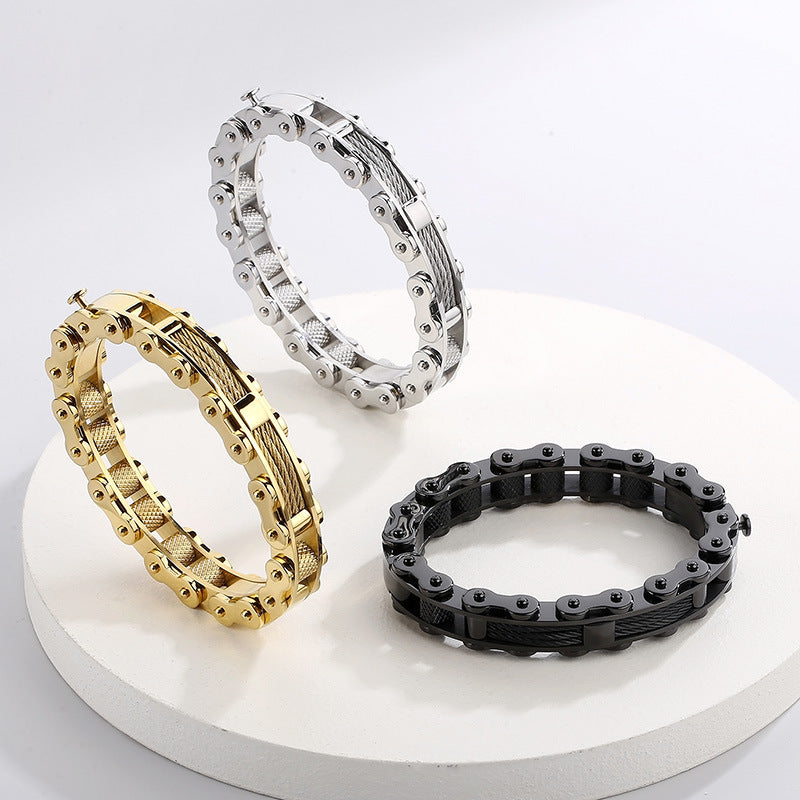 Trendy Steel Wire Bracelet for Men - Rock Fashion Vacuum Electroplated Bicycle Chain Design