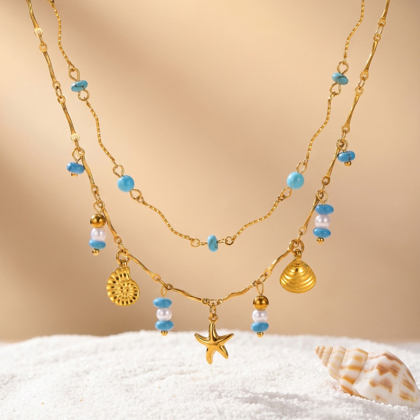 Ocean Wind Stainless Steel Turquoise Imitation Pearl Conch Starfish Shell Wave Bead Necklace