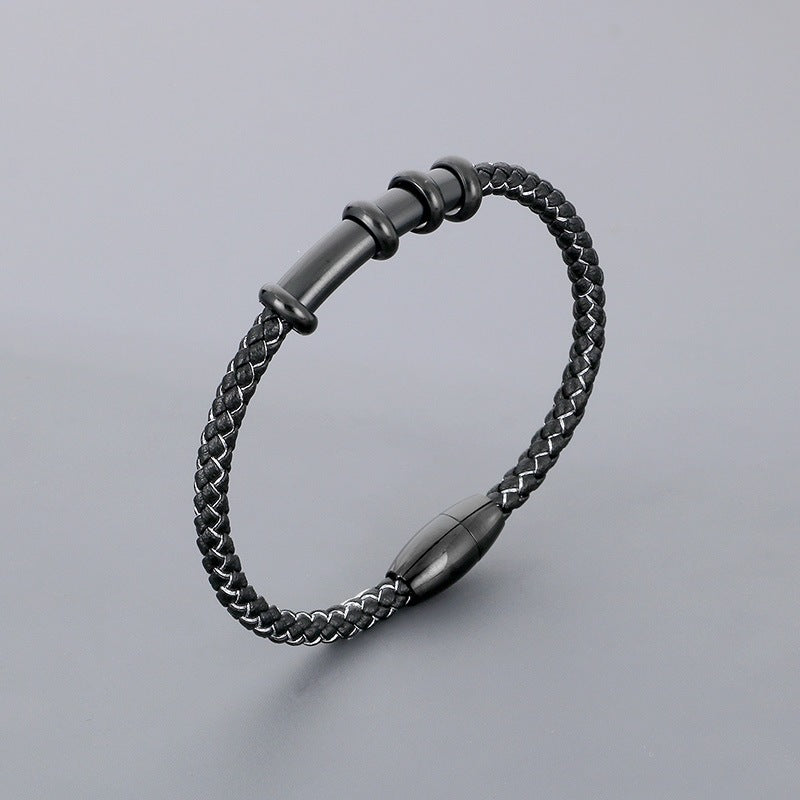 Smooth Curved Tube Leather Rope Bracelet – Woven Leather Rope Magnetic Buckle Men's